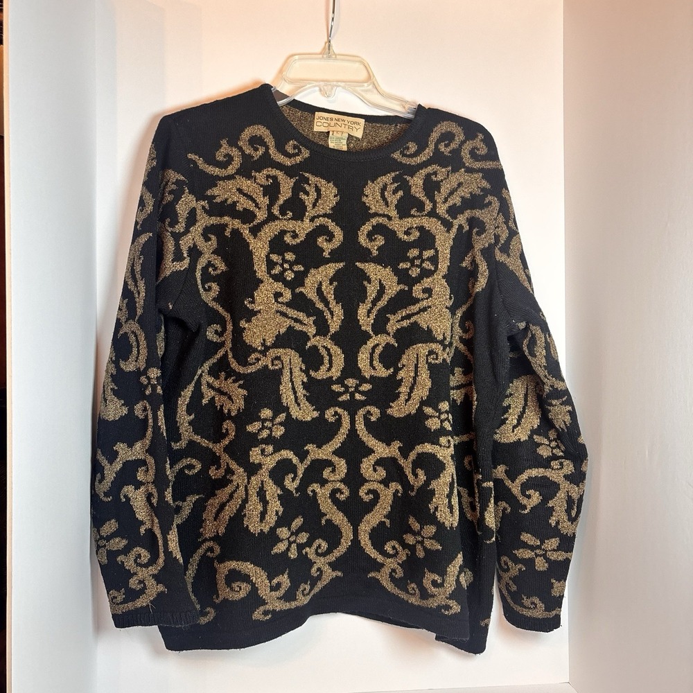 Jones New York Country Sweater L Black Gold Metallic Floral Lambswool Angora